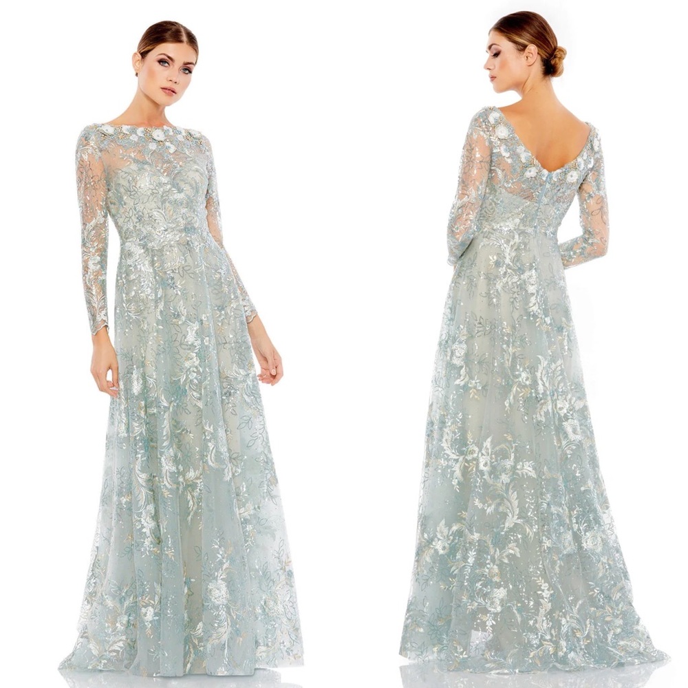 NWT Mac Duggal 67498 Floral Embroidered Illusion Long Sleeve Gown